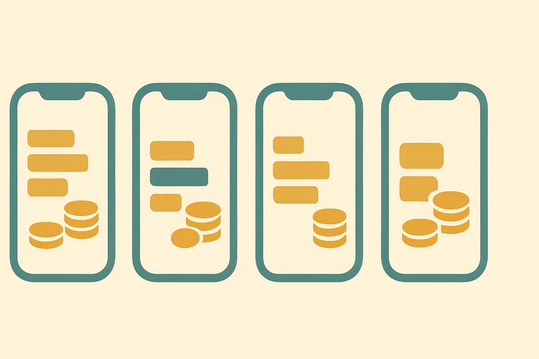 少しずつ違う4つのスマホ画面が並んだ、家計簿アプリ4社を表すミニマルなイラスト